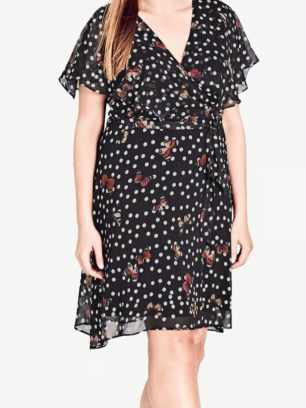City Chic Black Chiffon Dress with Polka Dots and Butterflies Plus Size 18W